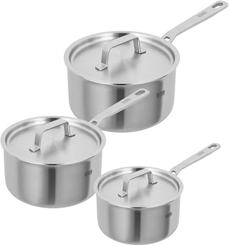 Kuhn Rikon Culinary Fiveply 3-Piece Saucepan Set, 16cm, 18cm & 20cm Oven Safe Stainless Steel Pans & Lids. Dishwasher Safe Cooking Pot. Saucepans for Induction Hobs - Kuhn Rikon Cookware Guarantee