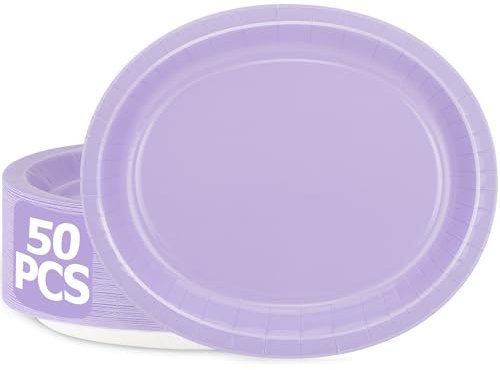 QZYL 50 Count Oval Paper Plates, 12.2'' X 10.2'' Large Paper Plates, Light Purple Daily Dinner Plates Disposable Paper Plates Party Supplies for Wedding Birthday Party Picnic Baby Shower Barbecue