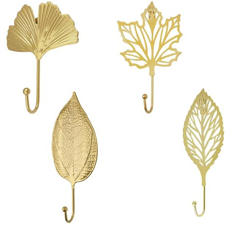 MOROBOR Decorative Iron Hooks, 4 PCS Ginkgo Leaf Maple Leaf Shape Gold Leaf Wall Mounted Hooks Key Holder Hat Hanger for Towel, Coat, Photo Frame, Bag and Umbrella