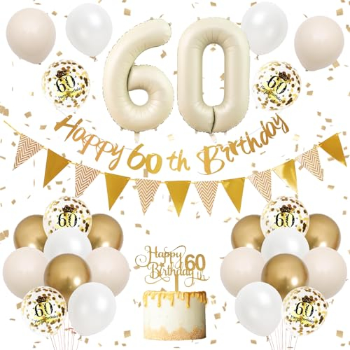 Sand White Gold & Beige Gold 60th Birthday Decorations - Banner, Balloons, Cake Toppers & More