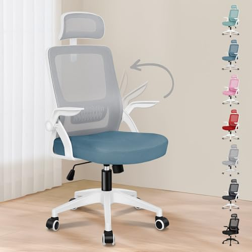 ALFORDSON Büro-Schreibtischstuhl, Ergonomisch für das Heimbüro, Computer-Netzstuhl mit Dynamischer Lordosenstütze, Kopfstütze, Hochklappbare Armlehne, Neigbarer Drehstuhl, Blau und Grau