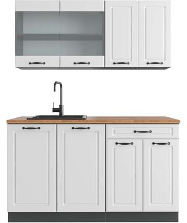 Vicco Singleküche R-Line, Küchenzeile Single, Weiß Landhaus/Anthrazit, 140 cm, AP Eiche