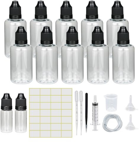 Tropfflasche Leer Plastikflaschen Reiseflasche Liquidflaschen Quetschflaschen Dosier-flaschen mit Kindersicherung Deckel Inkl. Trichter Messbecher Etiketten Transfer Pipette (50ml×10 Transparent)