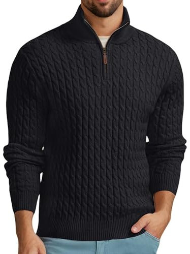QIXING Men's Cable Knit Jumper Quarter Zip Mock Neck Cable Pattern Sweater Soft Casual Tops with Ribbed Edges (Black, L)