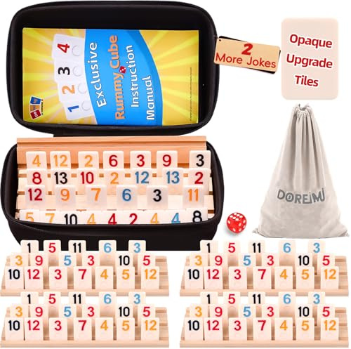 Doreimi Verbessertes Rommé-Würfel-Spiel-Set, 4 Spieler, Reise-Familien-Brettspiel für Erwachsene und Kinder ab 8 Jahren, Geburtstagsgeschenk für Frauen, Männer, Vater, Mutter (108 Fliesen + 4 Gestell)