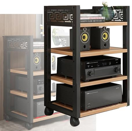 4 Tier Wooden Media Rack DVD CD Player Stand Audio Cabinet with Adjustable Height Shelves Floor Standing Storage Rack for Power Amplifiers and Equipment (Color1)