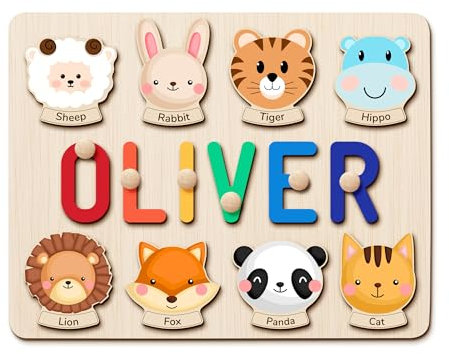 GifXify Personalisierte Holzpuzzle mit Name - Personalisierte Geschenke Baby - Montessori Spielzeug ab 1 Jahr, 2 Jahre - Steckpuzzle Holz mit Namen - Motorikspielzeug Kinder ab 1 Jahren (Vocab)