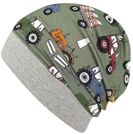 Wollhuhn ÖKO Leichte Mädchen/Jungen Beanie-Mütze Bündchen Elastisch Übergangszeit/Sommer Kinder-Mütze Baumwolle (Öko-Stoffe, Bio) 22222235 (Trecker/Traktor Grün/Bunt, S)