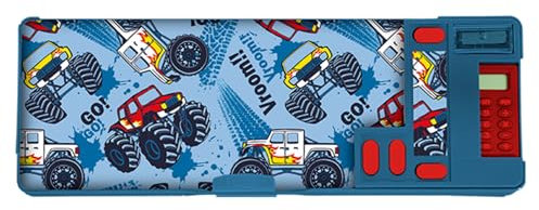 RINCS Essentials Pencil Case for Kids - Includes Calculator, Sharpener, Class Timetable & Stickers, 2 Large Pop Out Compartment with Push Button | Multifunctional Stationery Box (Monster Truck)