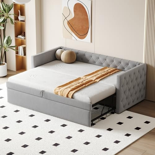 Zravenna Polsterbett Tagesbett 90x200 mit Ausziehbett und Lattenrost, Ausziehbett Gleiche Höhe, Schlafsofa Ausziehbar zum Doppelbett, Vollform mit Knöpfen,Gästebett, Samtstoff, Hellgrau