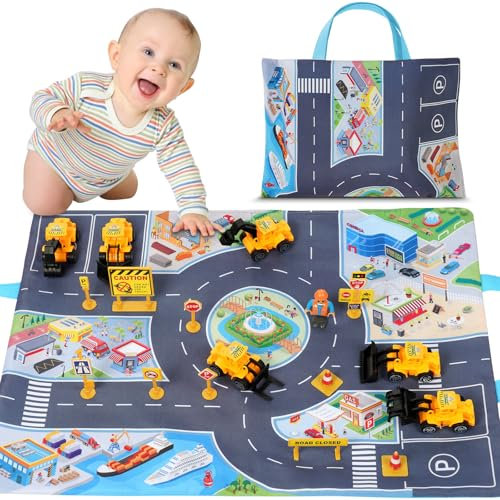 Aolso 18er-Pack Baby-Autospielzeug mit Spielmatte, Cartoon-LKW-Autospielzeug, Cartoon-Gummi-Babyautos mit Automatte, Aufbewahrungstasche, Kinder-Mini-Autoset für Kinder ab 1, 2, 3 Jahren (BAU-LKW)
