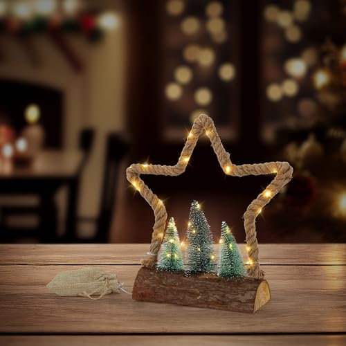 ECD Germany LED Jute Stern mit LED-Beleuchtung 33x9,5x30 cm, Deko Weihnachtsstern aus Seil mit 30 warmweißen LEDs, 3 Tannen, Jutesäckchen, Batterien, Timer, Weihnachtsbeleuchtung Weihnachtsdeko Innen