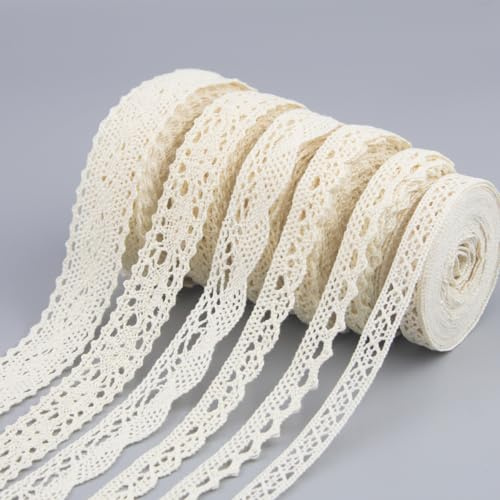6 Rollen Spitzenband, 30 m Vintage Spitzenborte, beiges Baumwoll Dekorband, Spitzenkante, Vintage Spitzenbordüre, Häkelspitze Spitze Borten für DIY-Nähen, Bastelarbeiten und Hochzeitsdekoration