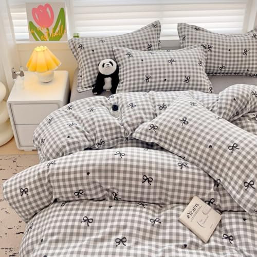 AShanlan Bettwäsche 135x200 Grau Kariet Schwarz Herzen Schleifen Bettbezug Set 2teilig Kawaii Style Aesthetic Mädchen Renforce Mikrofaser Wende Bettwäsche-Sets und Kissenbezug 80x80 Reißverschluss