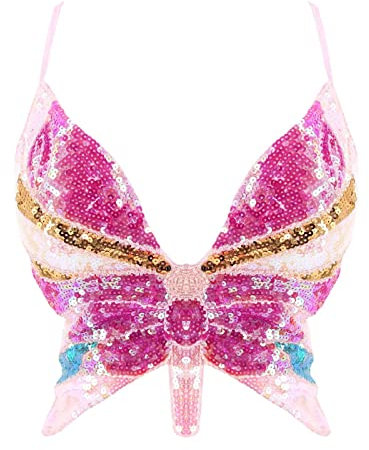 Générique Haut Court Papillon à Paillettes pour Danse du Ventre, Taille Unique, Rose, Top Dos Nu, Cadeau Femme