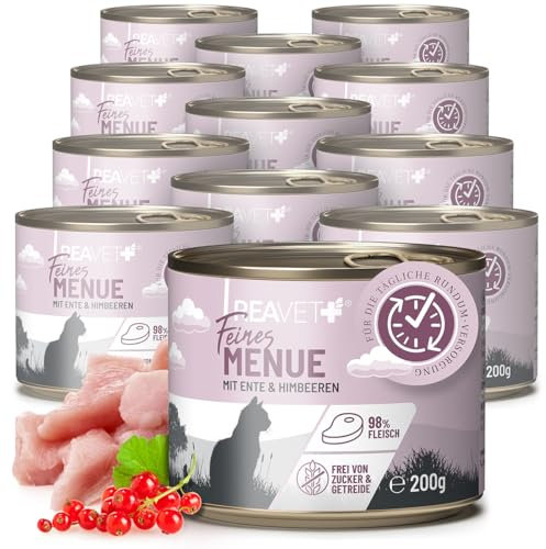 ReaVET Premium Katzenfutter nass mit Ente & Himbeeren 12 x 200g I Getreidefrei aus hochwertigem Fleisch I Katzennassfutter ohne Zucker, Nassfutter für ausgewachsene Katzen