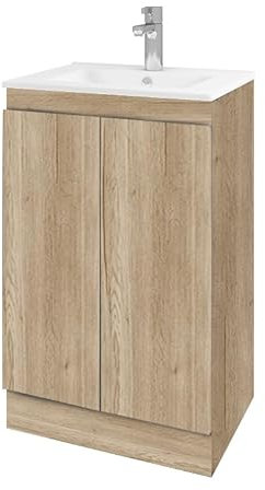 BELOFAY Vanity Unit with Basin | 500mm Bathroom Vanity Units with Basin | With Ceramic Bathroom Sink | Floor Standing Sink Unit | Soft Close Hinges & 1 Tap Hole | Waste Included (Denvor Wood Grains)