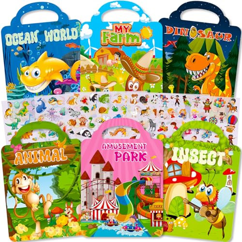 Aannanl 6 Pezzi Libri Stickers Bambini Attacca Stacca Per 2 3 4 5 Anni, Libro Di Adesivi 3D Riutilizzabili Per Bambini include Animali,Fattoria, Dinosauri,Animali Del Mare, Insetti, Parco Divertimenti