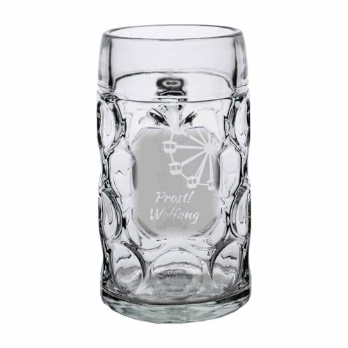 LUXENTU ISAR Maßkrug mit Gravur, Riesenrad-Motiv, 1,0 l, 1 Stück | Personalisierter Bierkrug zum Geburtstag mit Volksfest-Motiv für Bierliebhaber, spülmaschinenfest