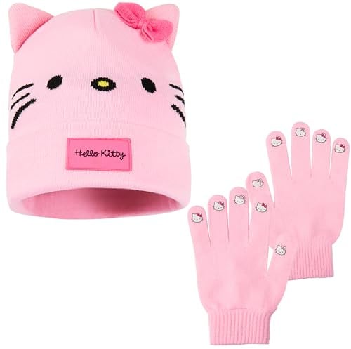 Hello Kitty Sanrio Mütze Kinder Winter Set für Mädchen, 2er oder 3er Set mit Beanie & Handschuhe oder Zusätzlichem Schal