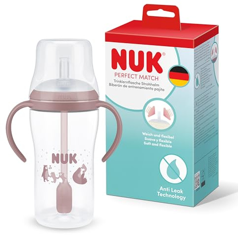 NUK Perfect Match Trinklernflasche mit Strohhalm | 8+ Monate | 260 ml | Auslaufsicherer Baby-Strohhalmbecher | Rutschfeste Griffe | Rosa | 1 Stück