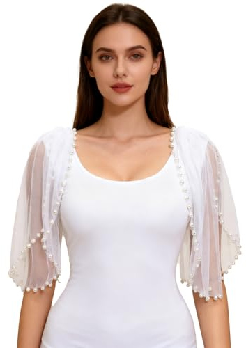 NICENEEDED 14.6 Zoll Abnehmbarer Brautumhang Für Hochzeiten Perlweißer Tüll Schulter Capelet Schleier Umhang Gothic Sheer Capes Cover Up Accessoire Für Die Hochzeit