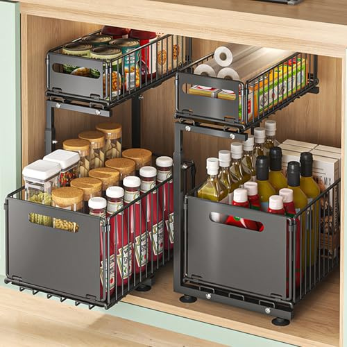 Under Sink Organizer, 2-Tier Metal Storage Rack with Pull Out Drawers | Adjustable Height L Shaped Cabinet Organiser, Fits Around Pipework, Heavy Load Bearing, Suits Kitchen Bathroom Pantry Storage