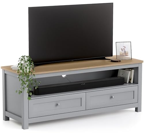 CHRISTOW TV Unit, 2 Drawers & Shelf, Grey | Modern TV Stand, 2 Storage Drawers, Open Media Shelf, Oak-Effect Top, Durable MDF Construction, W118cm x D40cm x H45cm