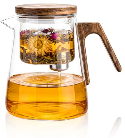 Ecofocet Magic Théière en Verre avec Passoire, Theiere en Verre avec Couvercle à Succion Magnétique et Manche en Bois de Noyer, Theiere avec Infuseur pour Thé en Vrac, Service à Thé Maison Bureau
