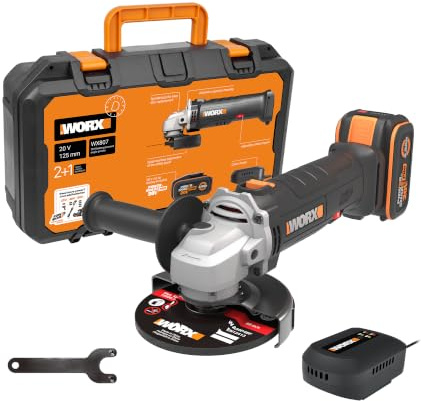 WORX WX807, Akku-Winkelschleifer 20V, inkl. Akku & Ladegerät, PowerShare | 125 mm, 6-stufige Drehzahlregelung, 2500, 11000 U/min und Schnellverstellung Schutzhaube