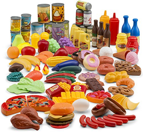 Jaxojoy Pretend Play Food Set for Kids Ages 3+ (122pcs) - Toy Kitchen Accessories With Fake Food for Imaginative Play