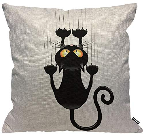 HGOD DESIGNS Dekorativer Kissenbezug mit Katze, Katze, Cartoon, Kratzwand, Baumwollleinen, Outdoor-Kissenbezüge, quadratisch, Standard-Kissenbezüge für Sofa, Couch, Bett, Auto, 45,7 x 45,7 cm, Schwarz