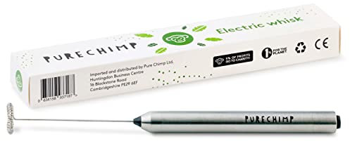PureChimp Electric Whisk. Handheld Milk Frother. Stainless Steel Electric Matcha Whisk, Lightweight. Ideal for Frothing Milk, Matcha, Protein Shakes, Coffee & More. Battery-Powered Drink Mixer