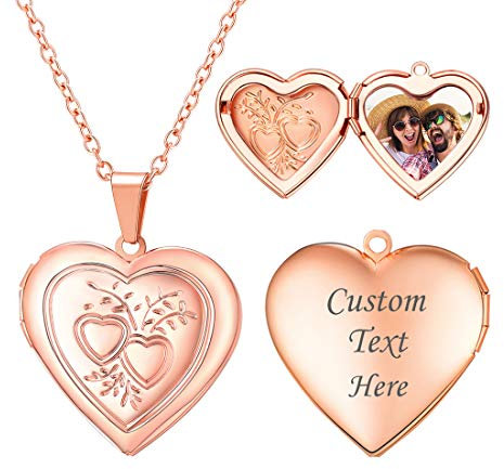 U7 Collier Porte Photo Femme Plaqué Or Rose Personnalisé Chaîne Pendentif Ouvrable avec Motifs Double Coeurs et Branches