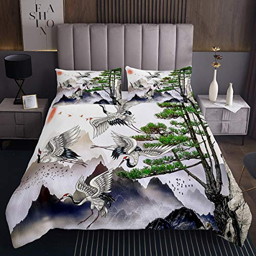 Tbrand Japanische Ukiyoe Tagesdecke 220x240cm Hokusai Kranichmuster Dekor Steppdecke für Kinder Japanischer Stil Bettüberwurf Naturthema Wohndecke 3St
