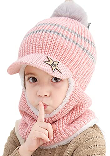 JFAN Cappello del Bambino Beanie Berretto Invernale a Maglia Bambini con Visiera Ragazzo e Ragazza Crochet Sciarpa Carino Warm cap Lana Multicolore Scialle Rosa