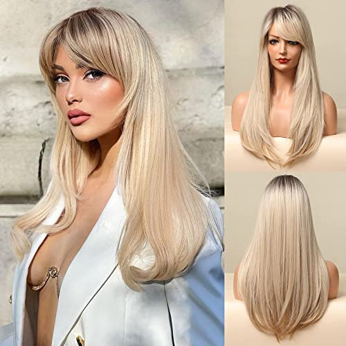 Honygebia Long Blonde Wig with Fringe - Dark Root Blonde Ombre Wigs for Women, Striaght Wavy Synthetic Heat Resistant Hair, Natural Cute Wigs for Halloween/Fancy Dress/Cosplay/Party