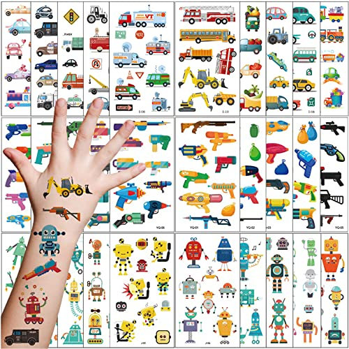 Lot de 30 feuilles de tatouages temporaires pour enfants, thème pistolet véhicule robot tatouages imperméables et respectueux de la peau
