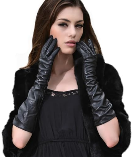 Luwint Soft Leather Long Opera Party Costume Evening Dress Driving Gloves, Matte Black, Black, Large