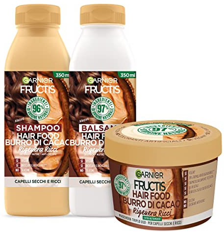 Garnier Fructis Hair Food Burro di Cacao, Kit con Shampoo, Balsamo e Maschera per Capelli Secchi e Ricci, Fino al 98% di Ingredienti di Origine Naturale, Senza Siliconi