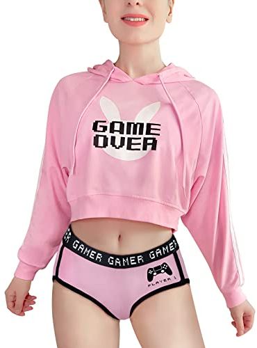 LittleForBig Damen Gaming Lässig Regular Fit Langer Ärmel Kordelzug Cropped Hoodie Sweater Rosa M