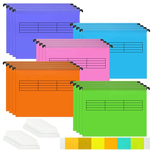 20 Stück 5 Farben A4 Hängemappen, Polypropylen-Aktenschrank-Hängemappen, Hängemappen, Aktenschrank-Trennblätter mit Reitern und Karteneinsätzen für Schule, Zuhause, Arbeit, Büro, Aktenschränke