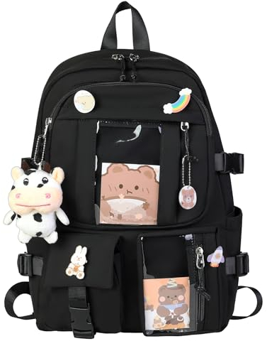 HORHEAR Rucksack Kawaii mit niedlichen Pin Zubehör, Kawaii Plüsch Spielzeug Tier Pin und Cartoon Karte, Kawaii Backpack, Schulrucksack(Style2-Schwarz)