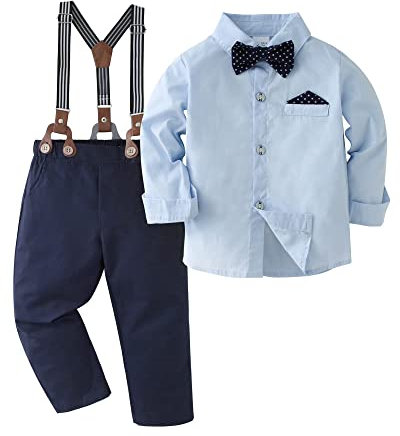 Amissz Baby Jungen Gentleman Set, Kinder Festliche Kleidung Taufkleidung Anzug Langärmeliges Shirt & Hosen Outfit Blau, 3-4 Jahre