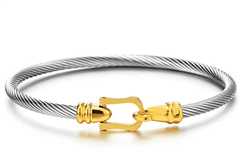 COOLSTEELANDBEYOND Elégant Argent et Or Bracelet Câble Torsadé Acier Inoxydable - Bracelet avec Crochet Fermoir Pour Femmes