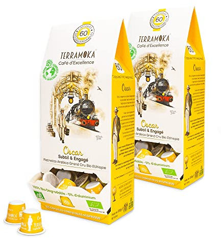 TERRAMOKA 120 Capsules Café Bio d’excellence 100% Pur Arabica de l'Éthiopie - Compatible avec les machines à Capsules Nespresso - Subtil, fruité et engagé - Zéro Déchet - Sir Oscar- Torréfié en France