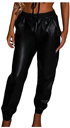 Ansenesna Damen Hose Lederoptik High Waist Lederhose Mit Gummibund Kordelzug Elegant Hosen Frauen Lederimitat Leder Freizeithose mit Bündchen