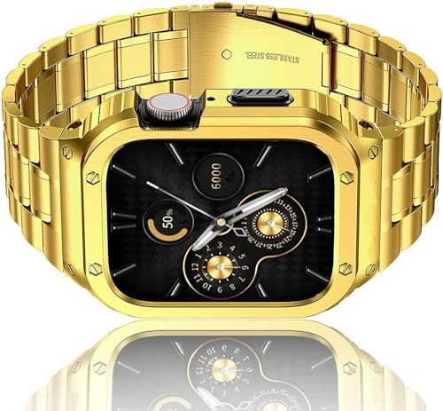 HASLFM Kompatibel mit Apple Watch 44mm 42mm(Series 3/2/1) Armband, Robustes Edelstahl Metall Ersatz Armband mit Gehäuse Cover für iWatch Series 6/5/4/3/2/1/SE für Männer, Gold