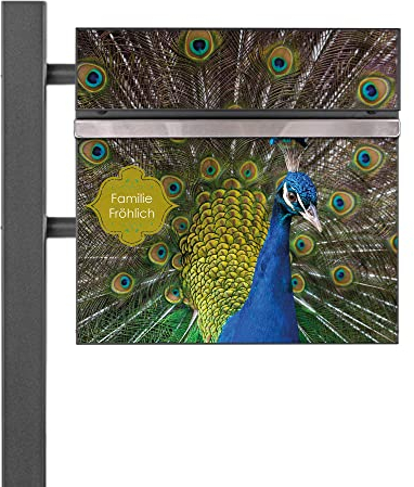 banjado® Standbriefkasten Anthrazit mit Namensschild Pfau & Zeitungsfach/Briefkasten mit Standfuß in Anthrazit/Postkasten A4 Einwurf inkl. Montagematerial & 2 Schlüsseln