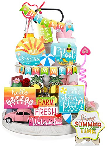 22 Pieces Summer Tiered Tray Decor Sets Farmhouse Hello Summer Wood Sign Rustic Beach Home Decor Summer Table Decorations Small Hawaiian Wooden Plaque for Shelf Kitchen Tabletop (Printed Style)